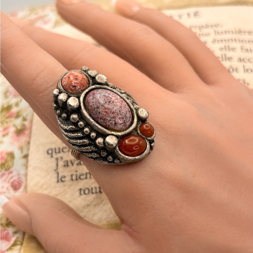 Rare Vintage-Style Boho Statement Ring | Adjustable | Pink & Carnelian - Picture 3 of 16